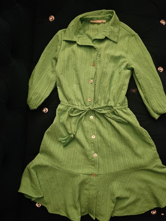 Blush Other - Blush Green Button-Front Midi Shirt Dress with Tie Waist Size S/7 Kids